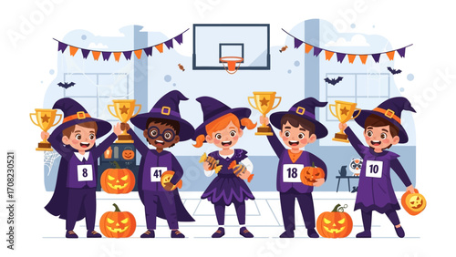Halloween Celebration: Little witches and wizards beam with joy, brandishing golden trophies with glee. The whimsical cartoon illustration captures the essence of Halloween fun and camaraderie.