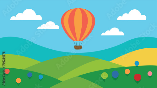 Whimsical hot air balloon adventure above rolling green hills under a blue sky with clouds