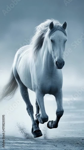 Majestic White Horse Galloping Through Misty Landscape at Dawn