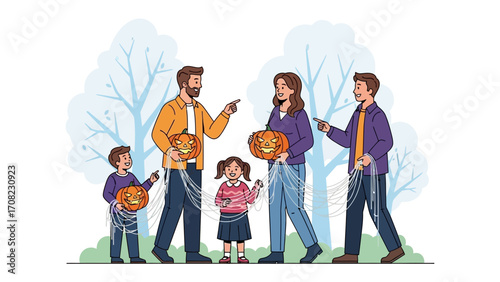 Joyful Halloween Family: A diverse family, filled with kids, parents and relatives, walking in outdoor with pumpkin lantern. Perfect illustration for family activities and holiday celebration.