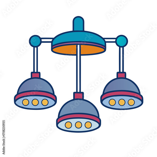 Modern chandelier with three pendant lights and colorful accents