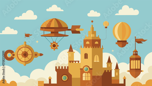 Whimsical steampunk city with brass gears hot air balloons and flying machines