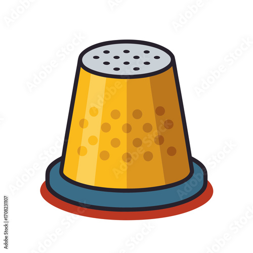 Stylized illustration of a yellow thimble with a blue and red base