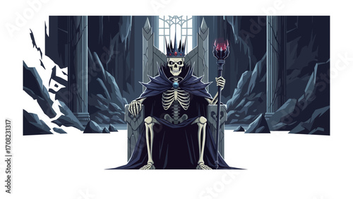 Dark Throne: A skeletal king with crown and scepter, seated on a grand throne within a foreboding castle chamber, a haunting image of power.
