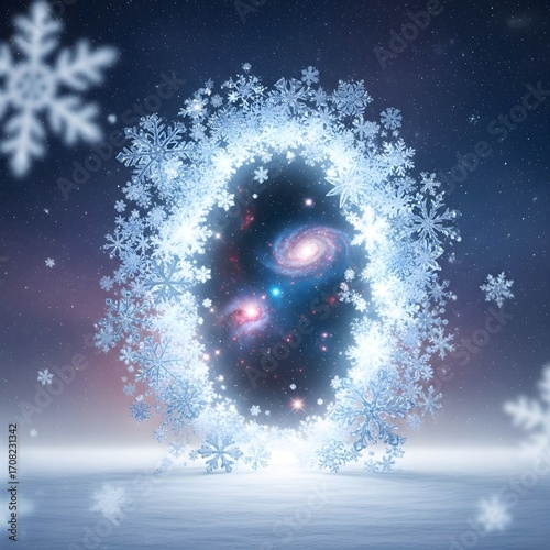 Winter galaxy portal snowflake snow space christmas holiday season festive celestial scene art