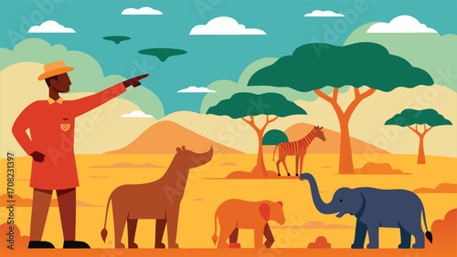 African safari wildlife guide points out animals elephant rhino giraffe savanna illustration vector