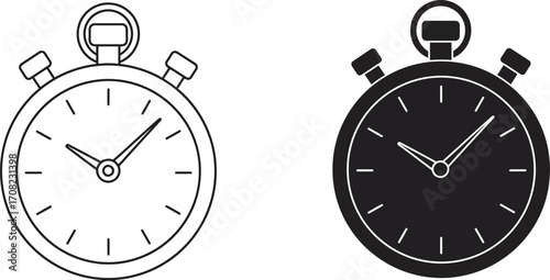 Scalable vector stopwatch illustrations in outline and silhouette for eps format