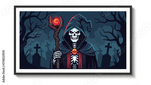 Enigmatic Guardian: A chilling illustration of a cloaked skeletal figure, emanating an aura of mystery and power, stands guard within a shadowed graveyard.