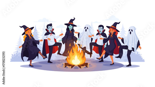 Spooky Bonfire Dance: A whimsical illustration of Halloween characters circling a lively bonfire, set against an eerie outdoor setting, embracing the joyful spirit of All Hallows' Eve.