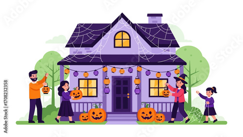 Halloween Family and House Decoration: A joyful family prepares for Halloween, adorning their house with pumpkins, lights, and festive decorations.
