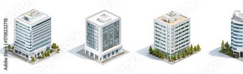 Four isometric city buildings, light gray and white, with small trees