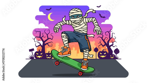Mummy Skateboarding Illustration: A vibrant illustration depicts a skateboarding mummy in a spooky setting, with jack-o'-lanterns and bare trees, setting a festive vibe for the Halloween season.