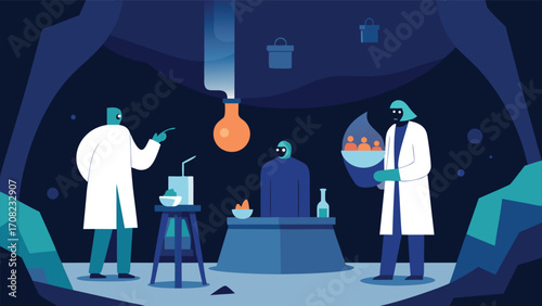 Scientists conducting research in an advanced underground laboratory illustration vector