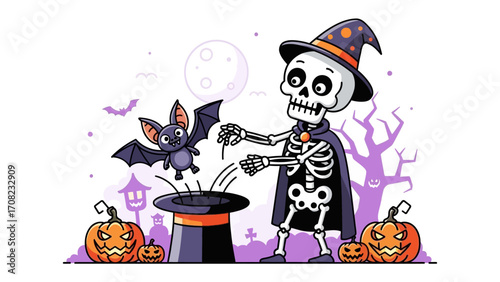 Halloween Skeleton Magic: A whimsically illustrated Halloween scene features a skeletal figure conjuring a bat from a top hat amid pumpkins, a full moon, and spooky ambiance.