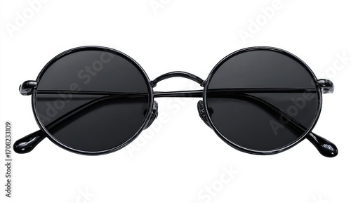 Close-up of black round sunglasses.  Dark lenses, metal frames.  Simple style