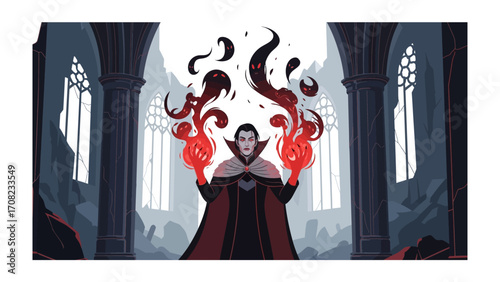 Casting a Fiery Spell: A figure, cloaked in shadows, conjures flames within a gothic setting, depicting an illustration that emanates an aura of mystery and supernatural energy. 