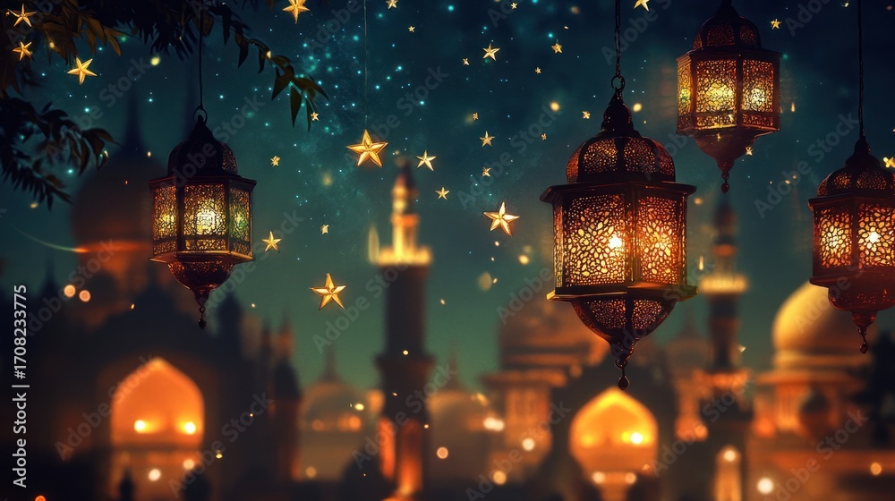 Fototapeta premium Illuminated lanterns hang over a mystical city at night