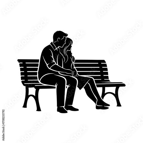 Loving couple sharing a tender moment on a park bench, embracing comfort and connection.