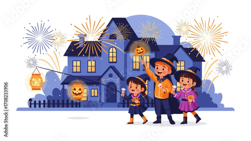 Halloween Night Gathering: Festive Halloween night with kids celebrating in front of a charming house, with fireworks bursting overhead, casting a playful and spooky atmosphere. 