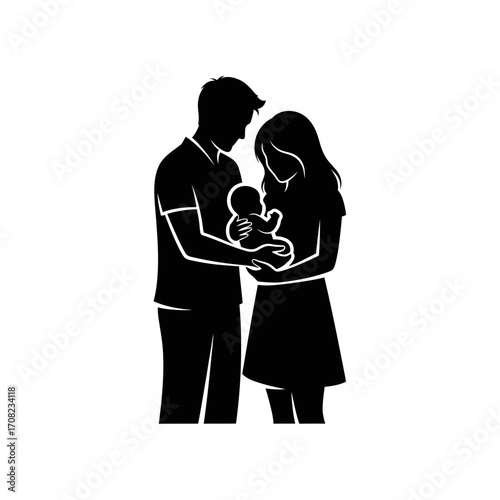 Loving parents embrace their newborn baby creating a heartwarming family silhouette