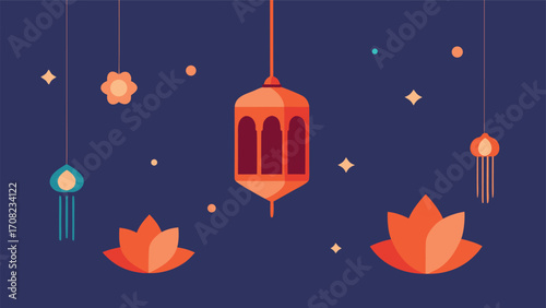 Vector illustration of glowing lanterns and flowers floating gracefully in a gentle breeze