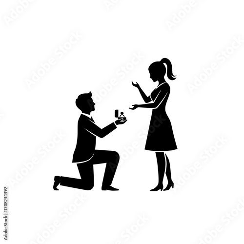 Romantic proposal silhouette with man kneeling, offering ring to surprised woman, love and commitment