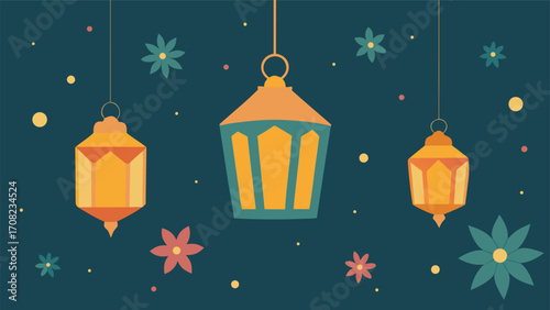 Glowing lanterns and muted floral elements illustration vector graphic for festive designs