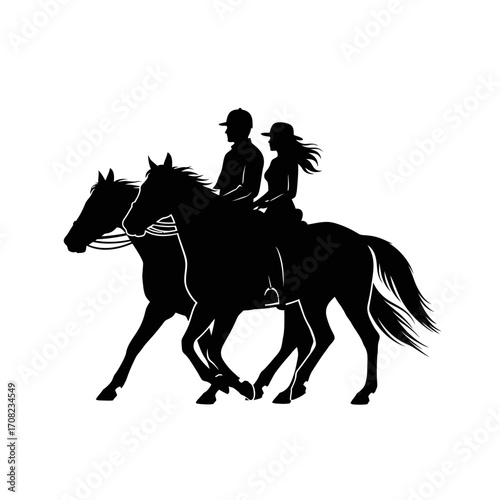 Elegant equestrian couple riding horses together, a modern silhouette for sport and lifestyle brands