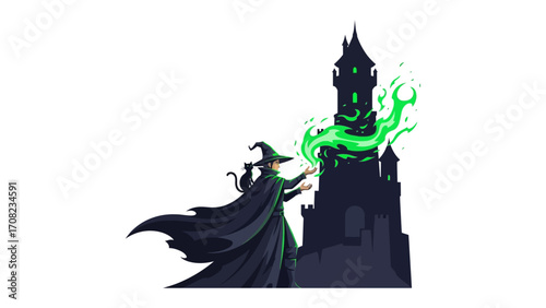 Mystical Castle and Wizard: A mysterious wizard conjures magical flames in front of a towering castle, creating an atmosphere of fantasy and enchantment. 