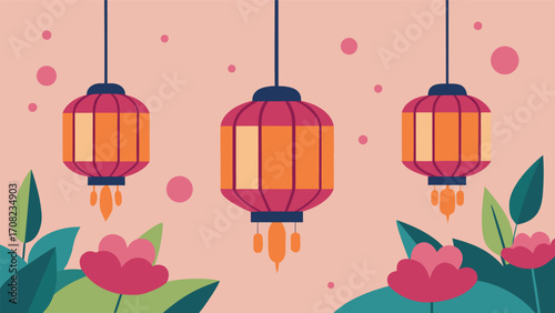 Decorative lanterns illuminated among vibrant lush flowers festive asian inspired illustration
