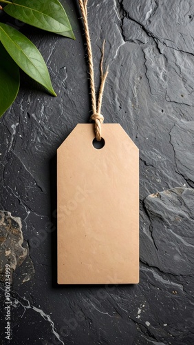 the image showcases a blank paper tag attached with a simple string, set against a textured dark surface. the tag is a light tan hue and has a small hole at the top where the string is tied