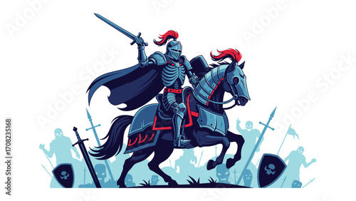 Knight in Battle: A valiant knight in full armor, astride a warhorse, charges fearlessly into a medieval battle scene. The illustration captures the raw energy of conflict.