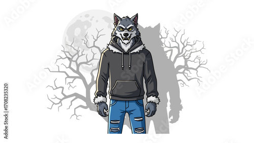 Werewolf in the moonlight: A formidable werewolf emerges in the moonlight, his imposing presence highlighted by the ominous backdrop of a barren tree and full moon. Evokes a sense of dark.