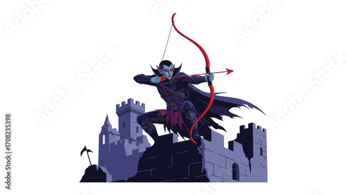 Knight's Aim: A silhouette knight, poised with bow and arrow, stands steadfast atop castle battlements, ready to defend against any approaching foe. A symbol of bravery and medieval artistry.