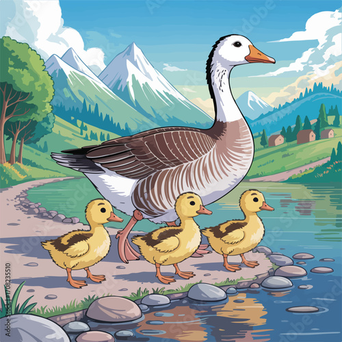 Ducks, geese, and their young swimming on a lake