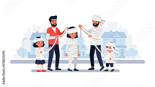 Halloween Mummy Fun: A joyous illustration of a family embracing the playful spirit of Halloween, wrapping themselves in bandages to transform into mummies with house in background.