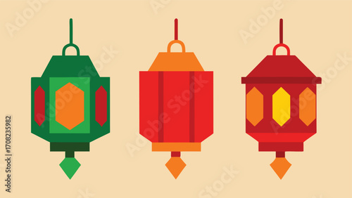 Three traditional asian lanterns deep red green orange tones vector illustration scalable eps
