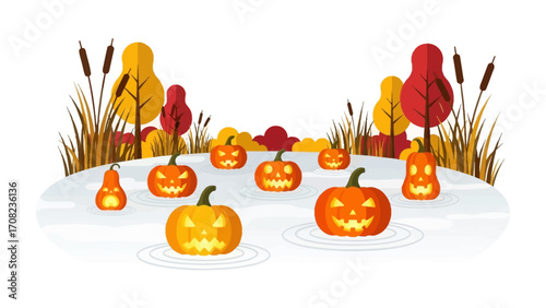 Spooky Halloween Pumpkins Floating on Water: An eerie autumnal illustration featuring several glowing jack-o'-lanterns floating peacefully on a calm body of water.