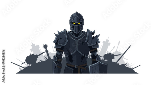 Knight in Battle: A formidable knight, clad in gleaming armor, stands resolute amidst the chaotic aftermath of a battle, conveying a sense of valor and resilience.