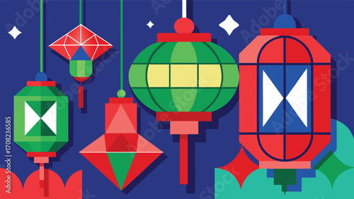 Colorful diverse hanging lanterns in red blue and green hues festive decoration vector illustration