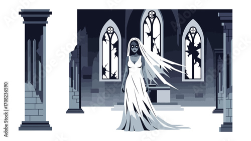 Haunted Bride in Decayed Chapel: An eerie illustration depicts a spectral bride in tattered attire, standing within a derelict chapel, embodying a chilling narrative. 
