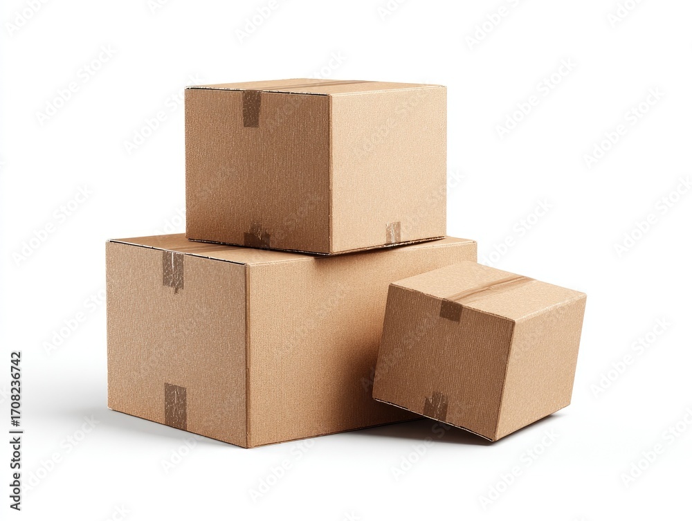 Fototapeta premium Three stacked cardboard boxes against white background