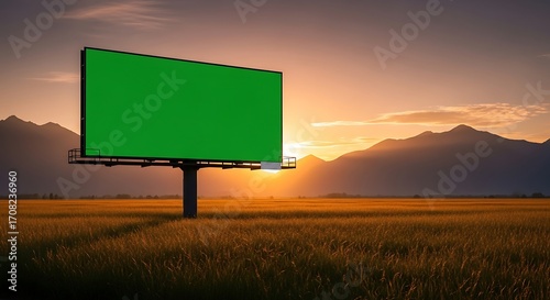 Empty billboard stands tall against a golden sunset over a field of tall grass and mountains.