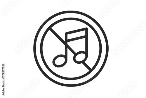 No music line icon. Mute sound symbol. Silent mode pictogram for website and mobile app UI. Audio forbidden or prohibited vector sign for public places & interfaces.