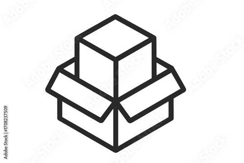 Open box with package inside line icon. Unboxing, delivery, shipping concept. Logistics and e-commerce order symbol. Product packaging and container vector illustration.