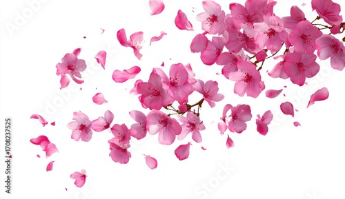 Pink cherry blossoms in motion against a white background.  Petals are scattered, creating a sense of movement and spring