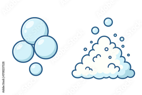 Soap bubbles and foam vector icon set. Cartoon illustration of suds for cleaning, washing, bath, and laundry. Clean hygiene concept. Fizzy water, detergent, or shampoo element.