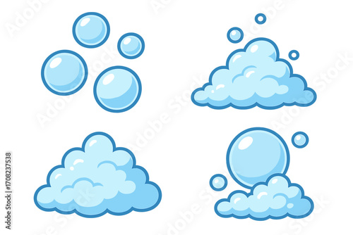 Cartoon soap bubbles and foam vector set. Blue suds and lather illustration for cleaning, washing, and hygiene concepts. Effervescent water spheres and bubbly clouds icon pack.