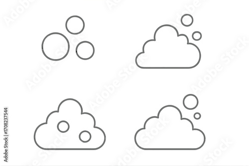 Bubble and foam line icon set. Minimalist pictograms of soap suds, shampoo lather, effervescent fizz. Simple vector symbols for cleaning, washing, hygiene, carbonated water.