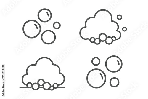 Bubble and foam thin line icon set. Vector pictogram illustration. Soap suds, laundry detergent, shampoo lather, and fizzy drink bubbles. Clean, wash, hygiene concept.